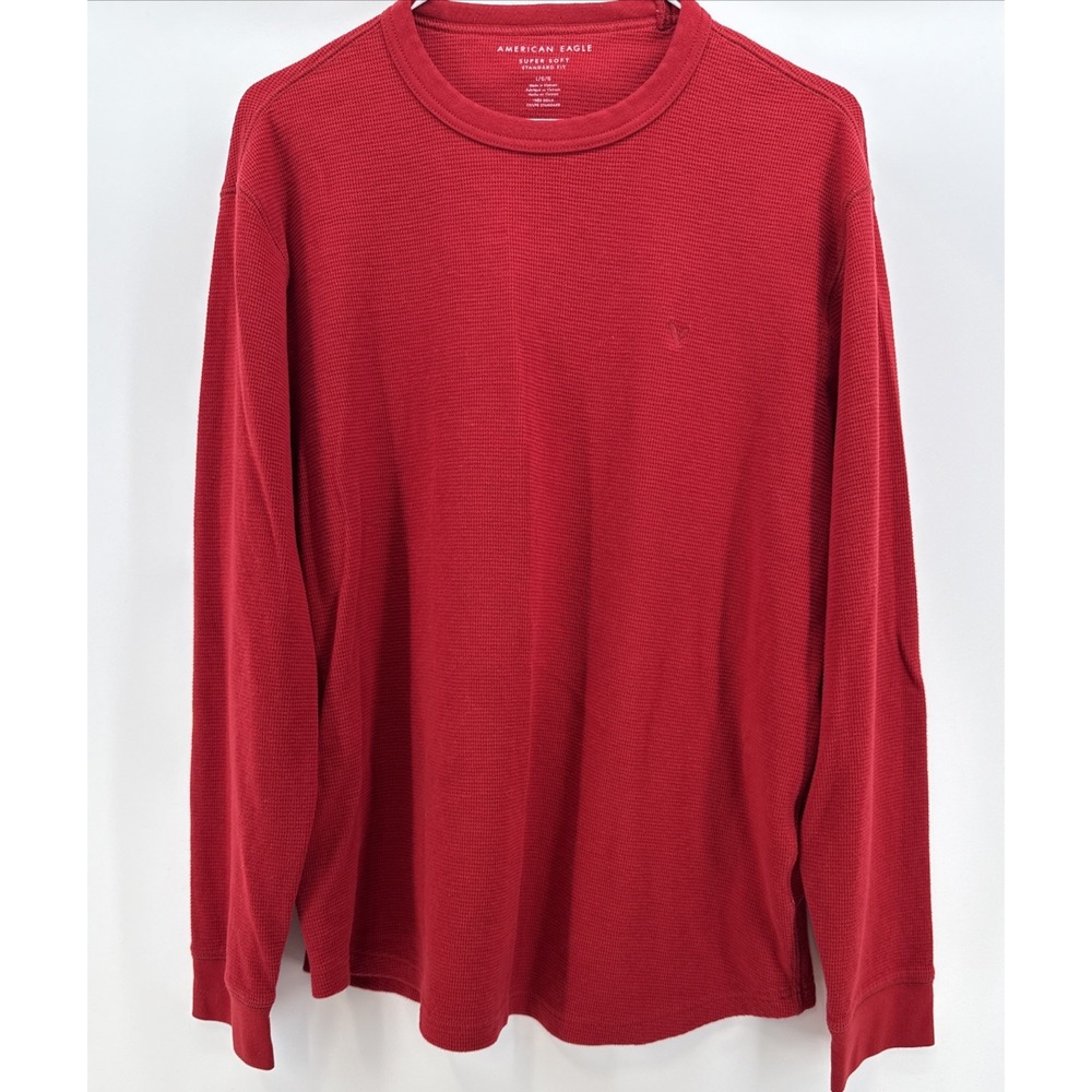 American Eagle Super Soft Waffle Textured Standard Fit Red Long Sleeve Shirt Lar